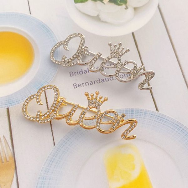 Broche de reina con letras para mujer, broches de corona con diamantes de imitación dorados y plateados, Pin de solapa para traje para fiesta de regalo