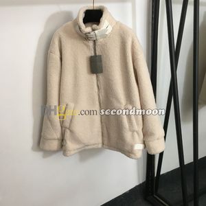 Abrigo con estampado de letras para mujer, chaqueta de lana a prueba de viento para invierno, abrigo con cremallera completa, abrigos de lana de manga larga para mujer