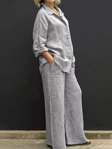 Femmes Linen Shirt décontractée 2 pièces Set Fashion Abèle Blouse et pantalon à manches longues et pantalons pantalons de jambe large en vrac Suisse 240326