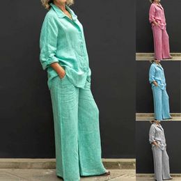 Mujeres camisa casual de lino 2 piezas de solapa de la solapa de la solapa pantalones pantalones de pantalones de pantalones de piernas anchas