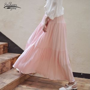 Mujeres de lino algodón faldas largas cintura elástica plisada maxi playa vintage elegante verano faldas 9958 210521