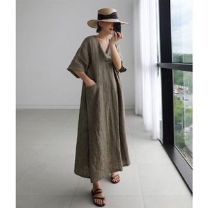 Dames Linnen V-hals Losse Jurken Koreaanse Vintage Effen Kleur Zakontwerp Maxi Gewaad Kimono VKDR21472859