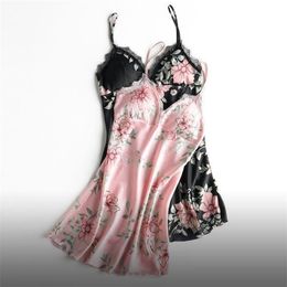 Dames Lingerie BabyDolls Kant Zijde Satijnen Nachtkleding Nachtkleding Bloemen Print Mouwloze Mini Ondergoed Nachthemd Sexy Lady Chemise 210522