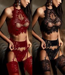 Vrouwen lingerie sexy erotische bh -string garters set slaapkleding exotisch ondergoed porno geslachtskostuums transparant kant babydoll2961861