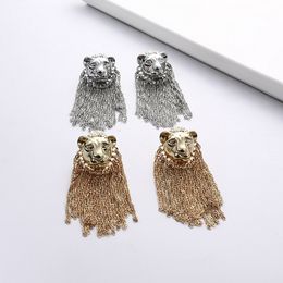Dames Lion Head Long Stud Earring Animal Lion Head Tassel Earring Mode-sieraden Accessoires voor Gift Party