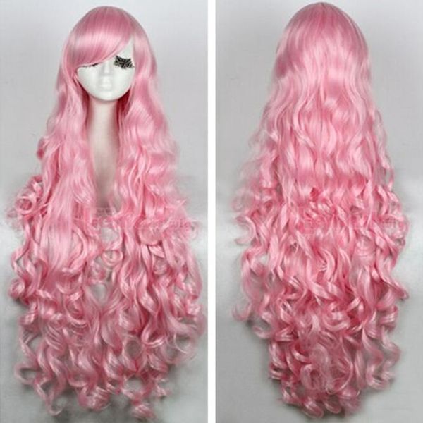 Femmes Lolita 100 cm de long rose bouclés ondulés cheveux complets Cosplay perruque Anime USA navire