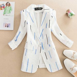 Femmes Long Blazer Slim Printemps Été Printemps Été Trois Quarts Manches Casual Dames Mince Costume Vestes Bouton Unique 2021 X0721