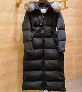 Chaqueta larga de plumón para mujer, abrigo con capucha de piel, Parka de nailon de diseñador, cinturón, bolsillos laterales, cremallera, prendas de vestir cálidas de invierno