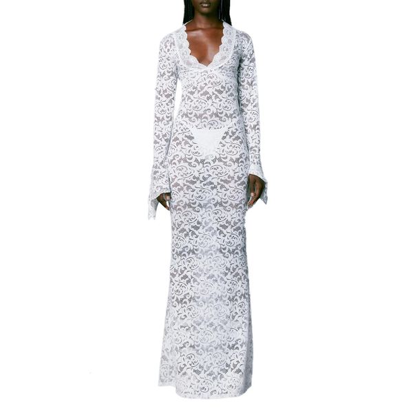 Robe longue ajustée pour femmes, manches, col en V, soirée transparente, dentelle, fête florale, 240323