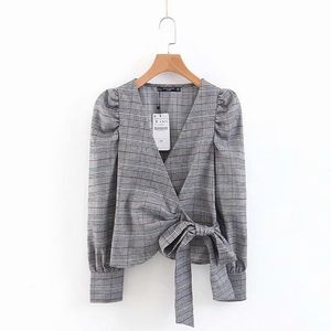 Vrouwen Lange Volledige Mouw V-hals Office Dame Grijze Plaid Top Blouse Wrap Shirt B0248 210514