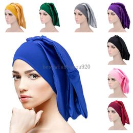 Gorros largos de satén a presión para mujer, gorro de ducha con banda elástica ancha lisa, gorros para dormir nocturno, gorro para el cuidado del cabello, turbante de seda, gorro de noche