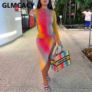 Mujeres de manga larga Resumen Ombre Color Vestido Twist Slit Bodycon Party Club Vestidos 210702