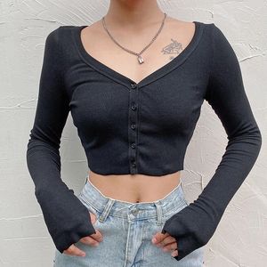 Vrouwen Lange Mouwen Crop Tops Sexy Diepe V-hals Basic Effen Zwart Wit Casual Tshirt Sexy Dames Gewas Tee Shirt Zomer Herfst 210426