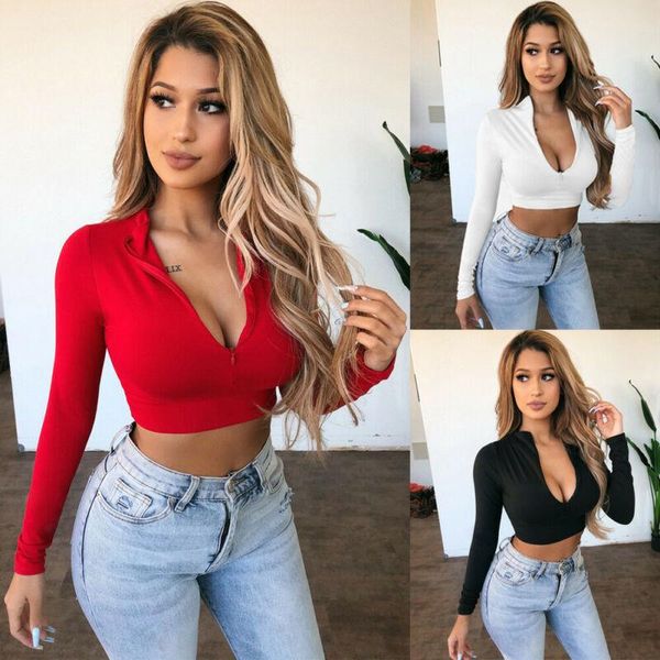 Femmes à manches longues Crop Tops Col en V Zip Bandage T-Shirt Summer Beach Slim Fitness Bodycon Casual Solid Party Sexy Streetwear Top Femme