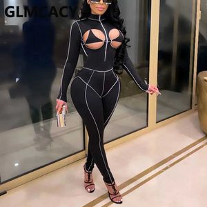 Mujeres de manga larga recortada Slinky Jumpsuit Sexy Night Party Clubwear Overoles 210702