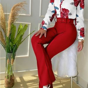 Vrouwen Lange Mouw Bloemenprint Dichtgeknoopt Shirt Hoge Taille Broek Set Vrouwen Casual Tweedelige Werkkleding Mode Pak Sets 220812