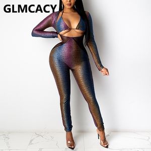 Femmes à manches longues Mesh Insert Jumpsuit Sexy Skinny Party Club Combinaisons Combinaisons 210702