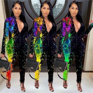 Vrouwen lange mouw onesie streetwear spatten inkt sexy bodycon jumpsuit vrouwen overalls skinny rompers herfst mode kleding 201007