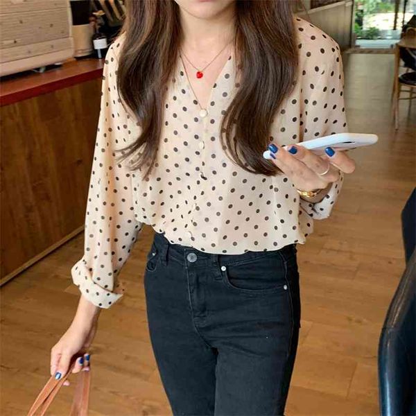 Femmes Chemises à manches longues Mode Polka Dot Chemise en mousseline de soie Femmes Tops Blouses OL Transparent Blusa Mujer Blouse blanche 210601