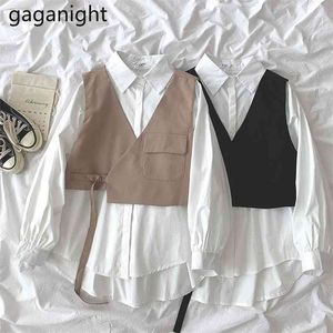 Dames lange mouw enkele borst losse witte shirt + koreaanse v-hals zwarte korte vest sets elegante 2 stuks vrouw outfits 210601