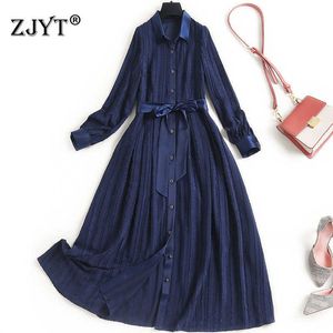 Dames Lange Mouwen Turn Down Collar Effen Blauwe Jurk Lente Ontwerpers Kleding Casual Robe Femme Midi Aline Office Vestidos Vrouw 210601