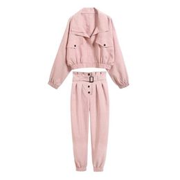 Femmes à manches longues deux pièces ensemble veste pleine longueur pantalon solide rose ceinture décontractée T0016 210514