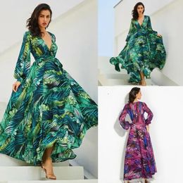 Femmes à manches longues col en V imprimé fleuri Boho Vintage robe Maxi vacances robe de plage printemps automne robe longue 240301