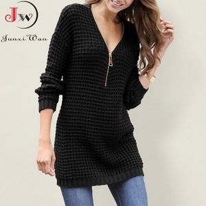 Vrouwen lange trui v-hals rits oversized jurk warme herfst winter kleding knitwear 3xl plus size trui jumper 210510