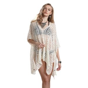 Chemisier de plage Long en dentelle pour femmes, haut ample, ajouré, Cover-Up Sexy, col en V, tricoté au crochet, Sarongs à la mode, été