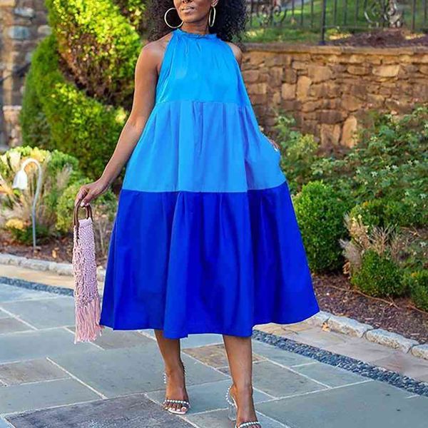 Femmes robe ample sans manches bleu blanc Patchwork tissu contraste couleur été surdimensionné grande taille femme robes africaines robes 210416
