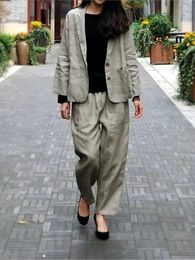 Femmes en lin lâche costumes de couleur un blazer de lin vintage pantalon de taille élastique femelle 240423