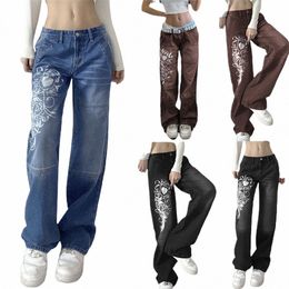 Femmes taille basse Y2K graphique Denim Jeans Casual lâche droite cloche bas Bootcut Leggings Streetwear Baggy Denim pantalon nouveau N6Fa #