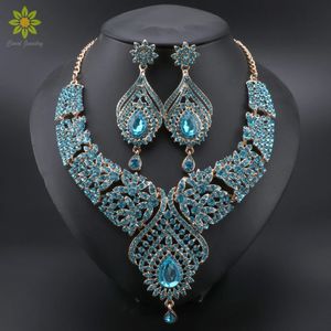 Femmes de luxe bleu cristal boucles d'oreilles collier de mariée bijoux de mariage ensemble élégant mariée fête bal Costume robe accessoires cadeaux 240401