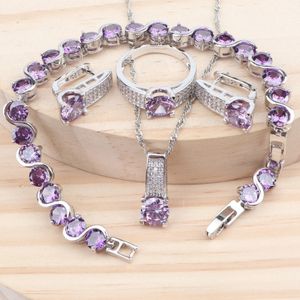 Femmes de bijoux de mariée de luxe 925 Silver Purple Cumbic Zirconia Mariage Costume Bracelet Boucles d'oreilles Pendants Collier Set 240524