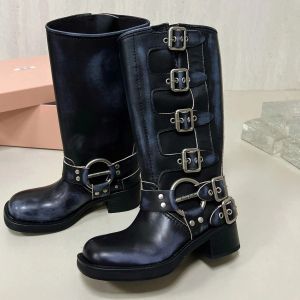 Femmes de luxe chaussures de créateur harnais ceinture boucle en cuir de vachette Biker genou bottes talon chevalier bottes bout carré bottines