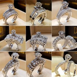 Conjunto de anillos de boda de diamantes de lujo para mujer, anillos de compromiso de circonia cúbica chapados en plata Vintage 925, regalos para fiesta nupcial, joyería de diseñador