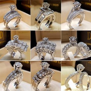 Femmes de luxe diamant bague de mariage ensemble Vintage 925 argent plaqué CZ zircone bagues de fiançailles cadeaux de fête de mariée bijoux de créateur