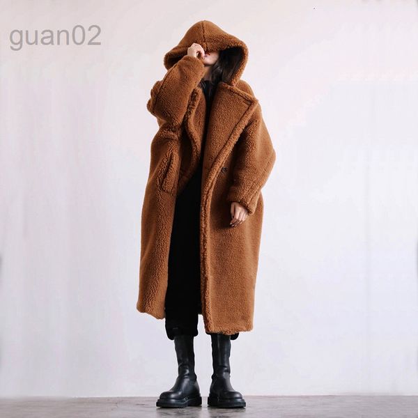 Femmes luxe fausse fourrure manteau concepteur 2023 hiver loisirs manteau de fourrure longueur moyenne à capuche à la mode manteaux de laine grande taille vêtements 231109