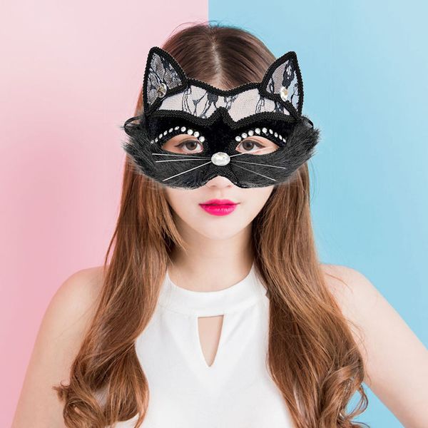 Máscara de gato de Navidad de ojo de gato de encaje negro Sexy de lujo para mujer, accesorios de disfraces, máscara de fiesta de disfraces veneciana