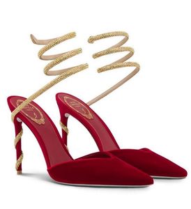 Dames Luxe Zomerwandeling Margot Rood Fluwelen Sandaal Schoenen Renecaovilla Kristal Strappy Wraps Rond Hakken Enkel Dame Feest Bruiloft Hoge Hak Jurk Schoen EU35-43