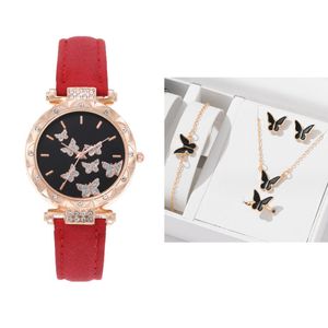 Femmes montre de luxe anneau collier boucles d'oreilles strass papillon mode montre-bracelet femme décontracté dames montres ensemble horloge 5 pièces/ensemble
