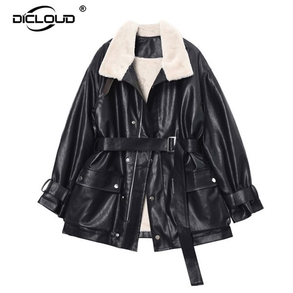 Femmes luxe hiver épais chaud veste manteau Chic noir Faux cuir pardessus lapin fourrure doublure vestes ceinturé poche manteaux 211216