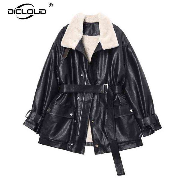 Femmes De Luxe D'hiver Épais Chaud Veste Manteau Chic Noir Faux Cuir Pardessus Faux Lapin Doublure De Fourrure Vestes Ceinturée Poche Manteaux 211130