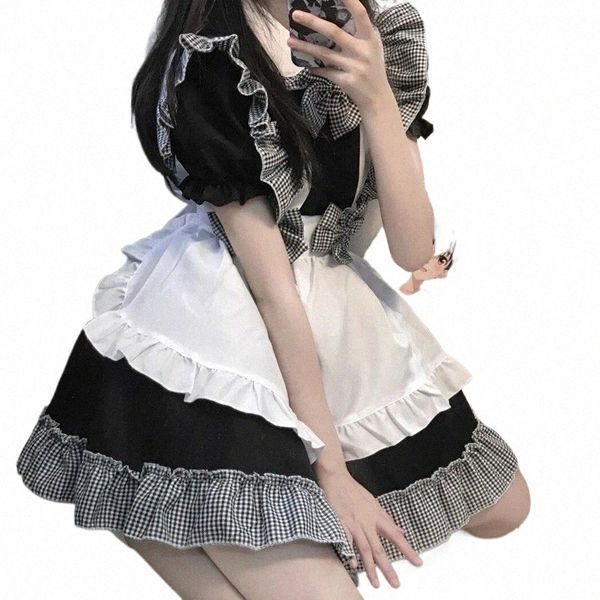 Mujeres traje de mucama negro a cuadros cosplay anime uniforme chica estudiante lolita dr dulce estilo lindo arco cafe princ kawaii dres 41gz #