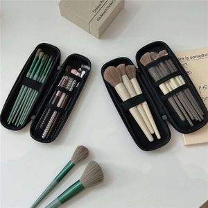 Vrouwen Make-up Borstel Case Puur Zwart Kleine Cosmetische Tas Lippenstift Pen Organizer Beauty Tool Opbergdoos Rits Lange Strip Eva Pouch