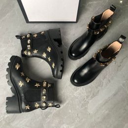Femmes bottes martin noir cuir véritable 6 cm talon épais hiver bottines designer luxe strass bottines femmes