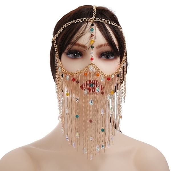 Máscara de mascarada para mujer, velo, borla de Metal, cadena para la cara con colgante de cristal falso colorido, danza del vientre, escenario, Cosplay, diadema para fiesta