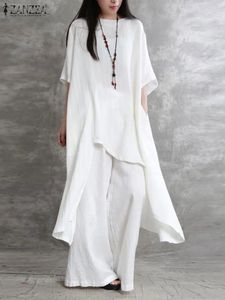 Femmes Matching Sets Zanzea Kaftan Summer Motifie la demi-manche Blouse irrégulière pantalon de jambe large surdimension