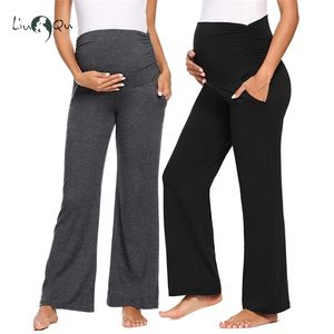 Pantalon de maternité pour femmes Stretch Comfy Lounge Large / Droit Pantalon de grossesse polyvalent Mama avec poches 210918