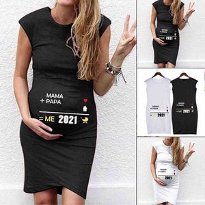 Femmes Maternité Sans Manches Mignon O-cou Impression Numérique Débardeurs Robe De Grossesse 2021 Enceinte Confortable Robe Décontractée G220309